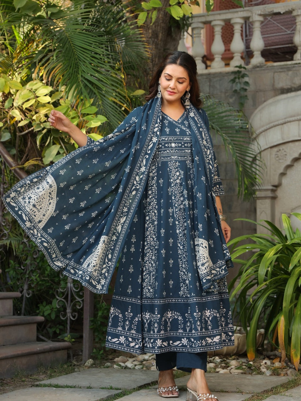 Hand Embroidered & Floral Jaal Printed Angarkha Style Anarkali Kurta With Pant & Coordinated Dupatta, Teal - Hiral Fashion | Grocsy