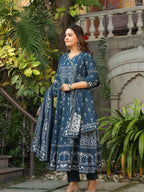 Hand Embroidered & Floral Jaal Printed Angarkha Style Anarkali Kurta With Pant & Coordinated Dupatta, Teal - Hiral Fashion | Grocsy