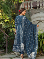 Hand Embroidered & Floral Jaal Printed Angarkha Style Anarkali Kurta With Pant & Coordinated Dupatta, Teal - Hiral Fashion | Grocsy