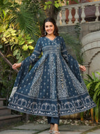Hand Embroidered & Floral Jaal Printed Angarkha Style Anarkali Kurta With Pant & Coordinated Dupatta, Teal - Hiral Fashion | Grocsy