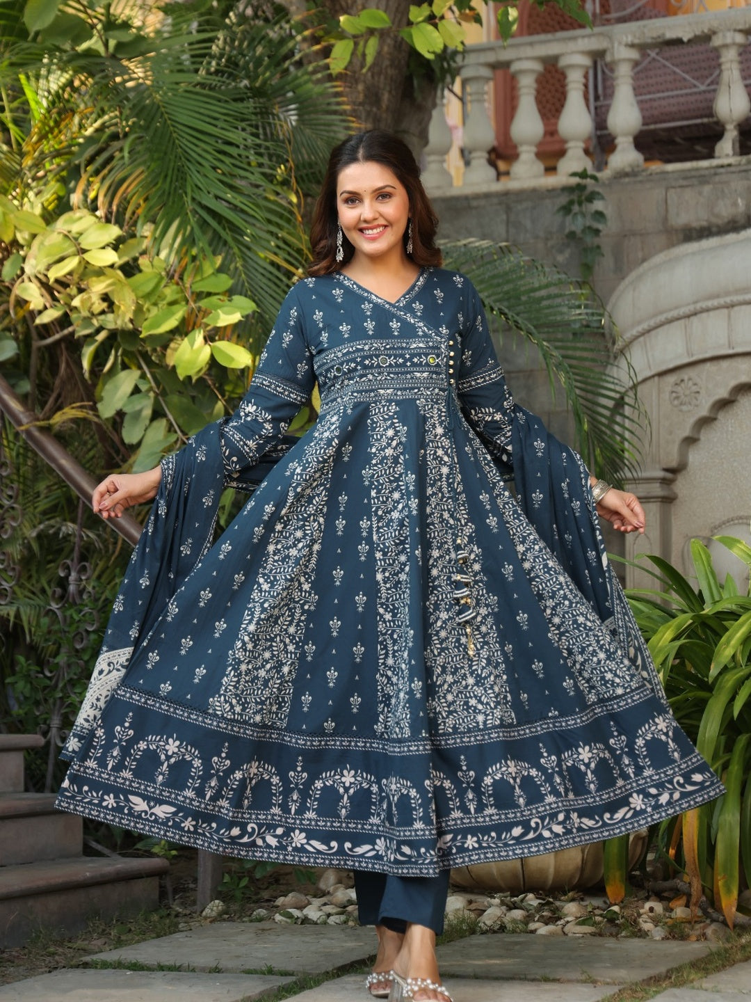 Hand Embroidered & Floral Jaal Printed Angarkha Style Anarkali Kurta With Pant & Coordinated Dupatta, Teal - Hiral Fashion | Grocsy