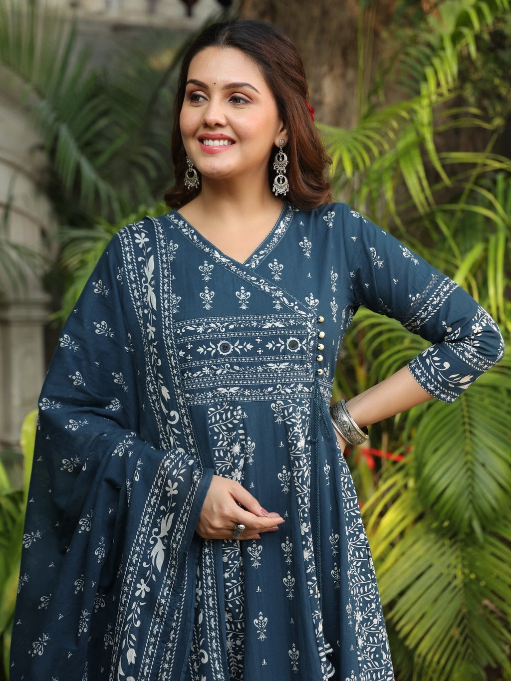 Hand Embroidered & Floral Jaal Printed Angarkha Style Anarkali Kurta With Pant & Coordinated Dupatta, Teal - Hiral Fashion | Grocsy