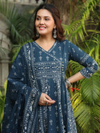 Hand Embroidered & Floral Jaal Printed Angarkha Style Anarkali Kurta With Pant & Coordinated Dupatta, Teal - Hiral Fashion | Grocsy