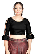Aastha Fashion Black Art Silk Round Neck Sleeve Button Design Readymade Blouse | Grocsy