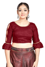 Aastha Fashion Maroon Art Silk Round Neck Sleeve Button Design Readymade Blouse | Grocsy