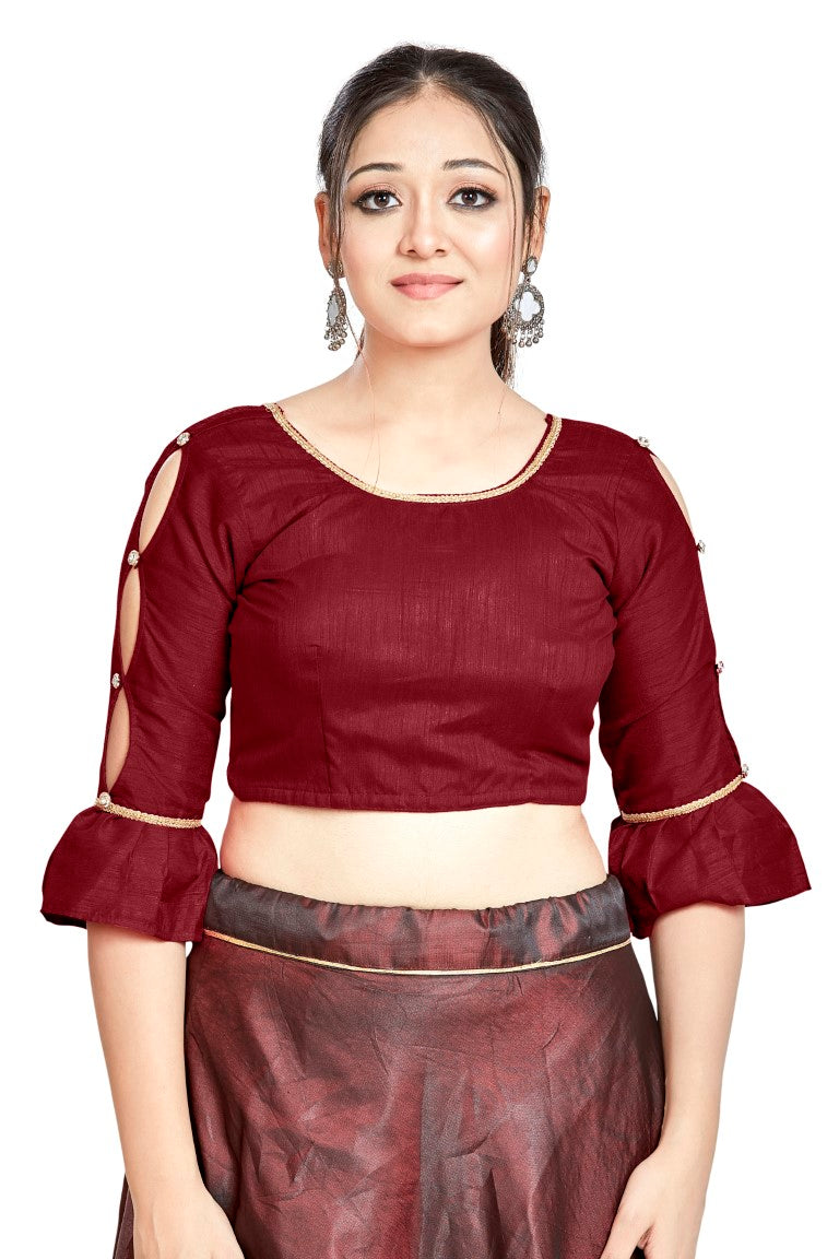 Aastha Fashion Maroon Art Silk Round Neck Sleeve Button Design Readymade Blouse | Grocsy