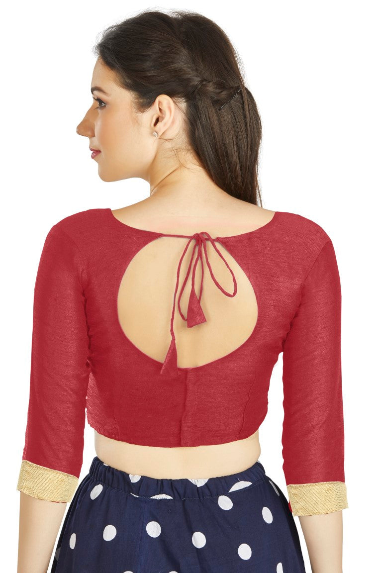 Aastha Fashion Red Art silk U Neck Matty Work In Sleeve Readymade Blouse | Grocsy
