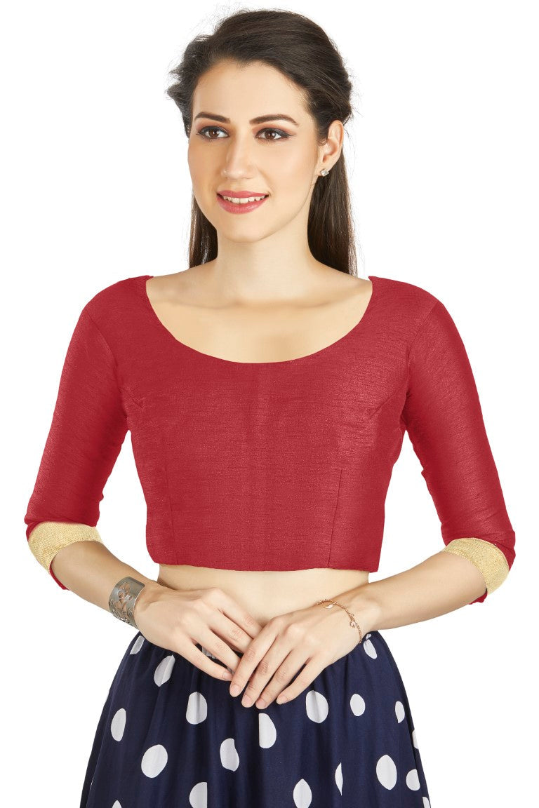 Aastha Fashion Red Art silk U Neck Matty Work In Sleeve Readymade Blouse | Grocsy