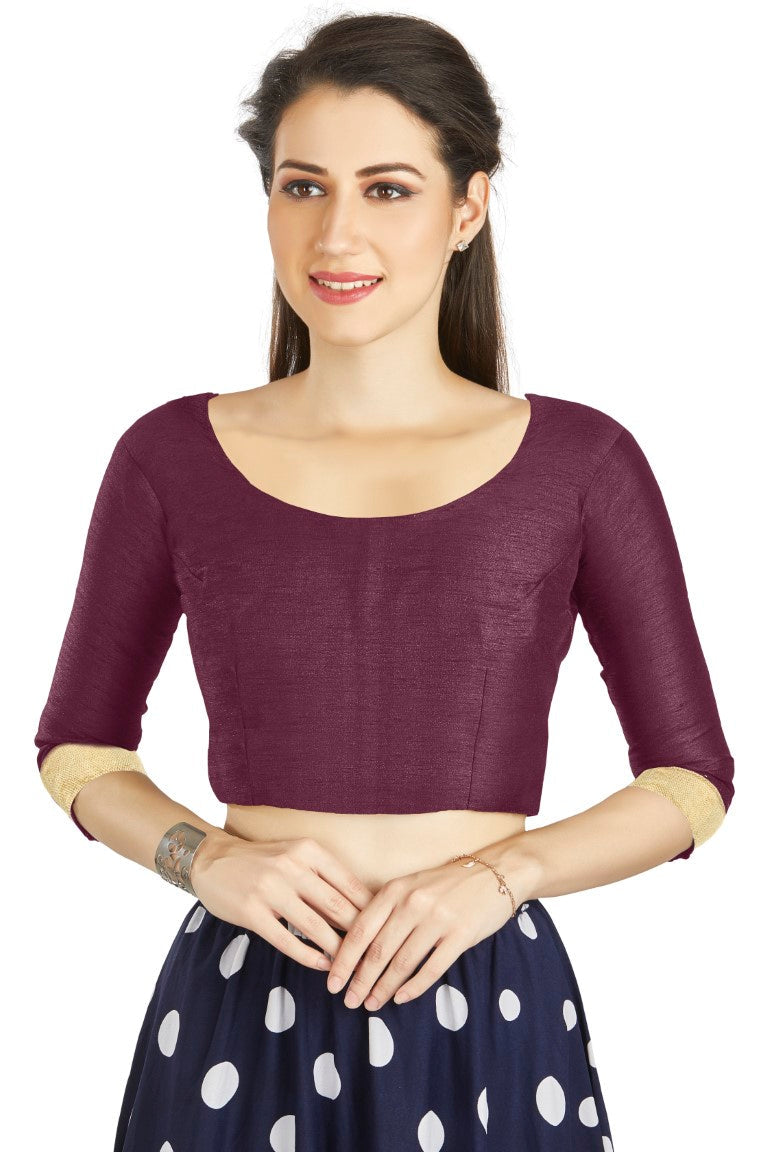 Aastha Fashion Wine Art silk U Neck Matty Work In Sleeve Readymade Blouse | Grocsy