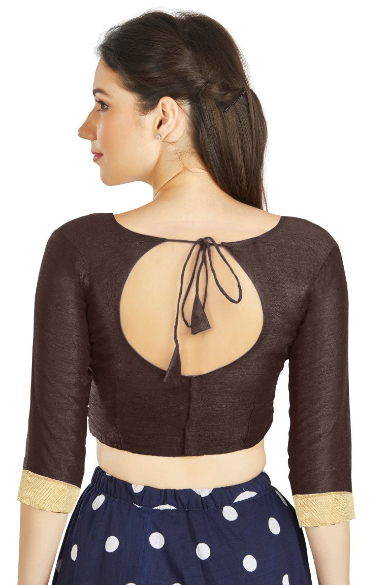 Aastha Fashion Brown Art silk U Neck Matty Work In Sleeve Readymade Blouse | Grocsy