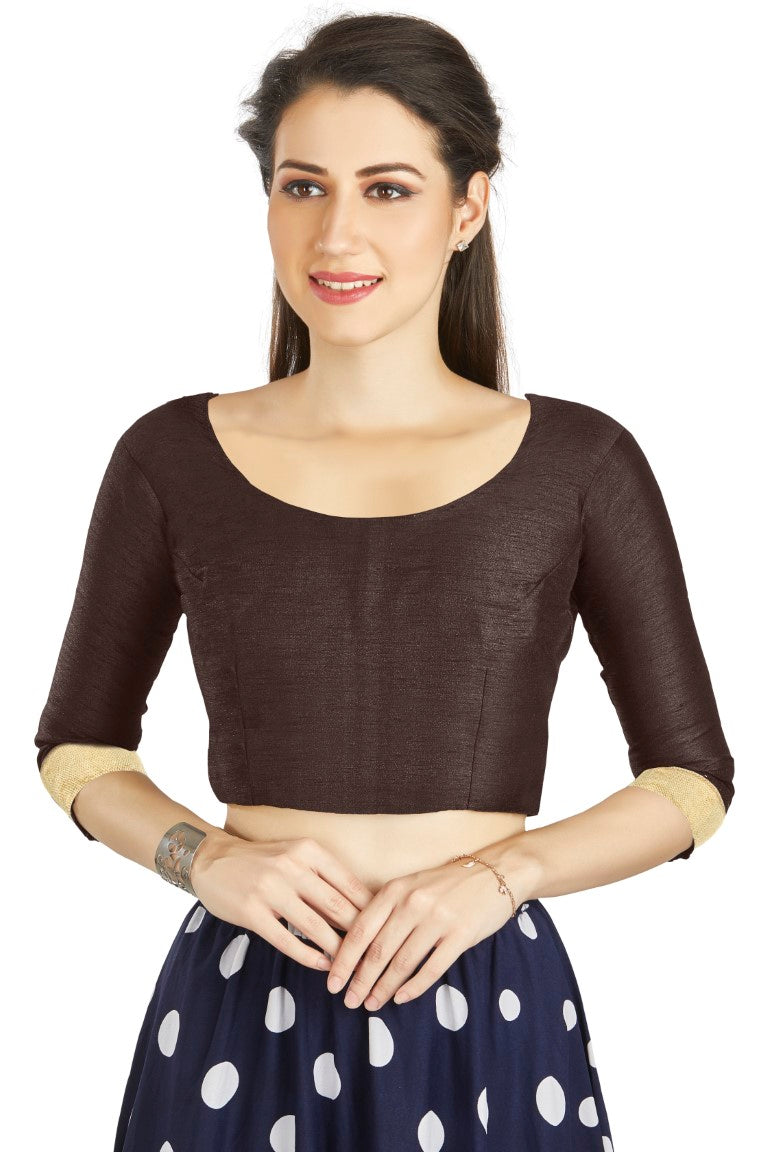 Aastha Fashion Brown Art silk U Neck Matty Work In Sleeve Readymade Blouse | Grocsy
