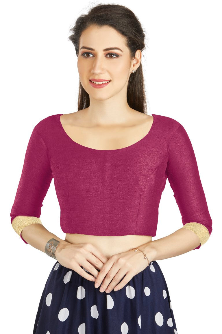 Aastha Fashion Magenta Art silk U Neck Matty Work In Sleeve Readymade Blouse | Grocsy