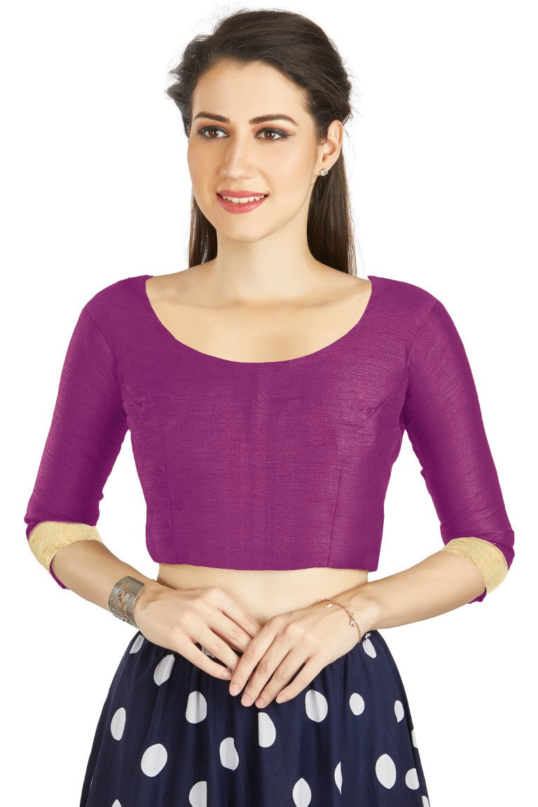 Aastha Fashion Purple Art silk U Neck Matty Work In Sleeve Readymade Blouse | Grocsy