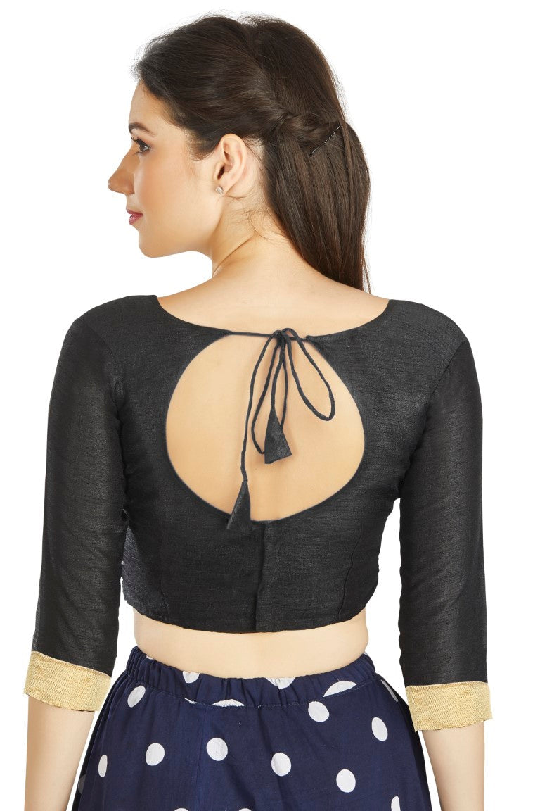 Aastha Fashion Black Art silk U Neck Matty Work In Sleeve Readymade Blouse | Grocsy