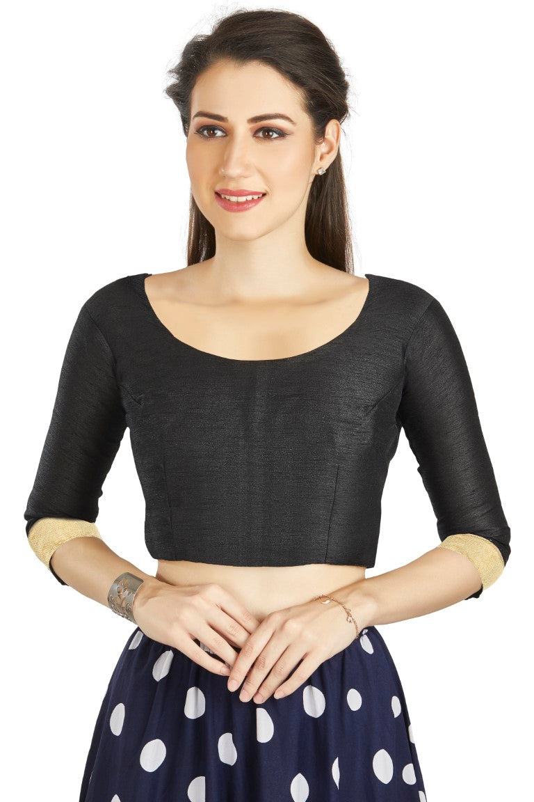 Aastha Fashion Black Art silk U Neck Matty Work In Sleeve Readymade Blouse | Grocsy