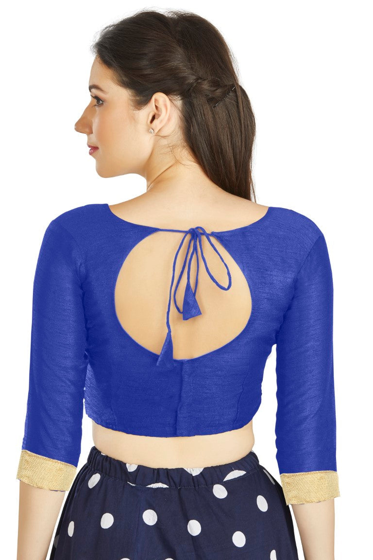 Aastha Fashion Blue Art silk U Neck Matty Work In Sleeve Readymade Blouse | Grocsy