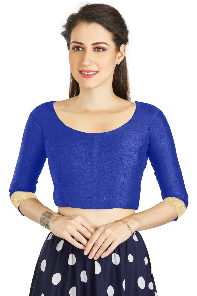 Aastha Fashion Blue Art silk U Neck Matty Work In Sleeve Readymade Blouse | Grocsy