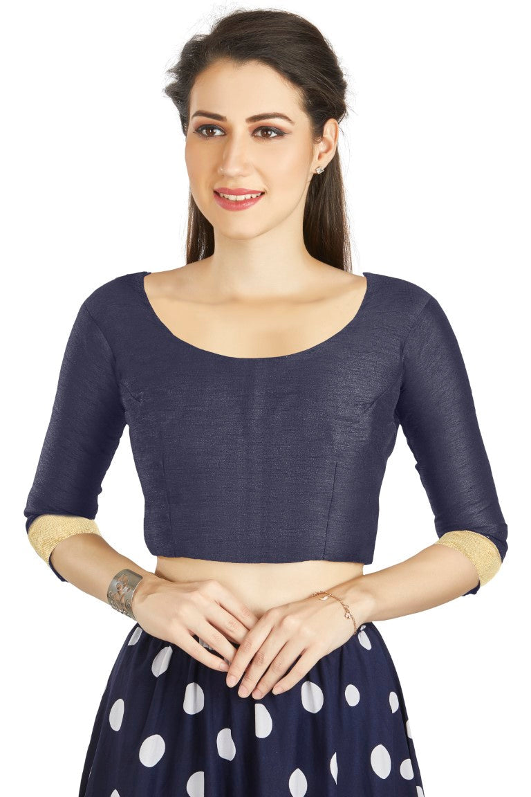 Aastha Fashion Navy Blue Art silk U Neck Matty Work In Sleeve Readymade Blouse | Grocsy