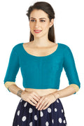 Aastha Fashion Turquoise Art silk U Neck Matty Work In Sleeve Readymade Blouse | Grocsy