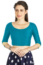 Aastha Fashion Turquoise Art silk U Neck Matty Work In Sleeve Readymade Blouse | Grocsy