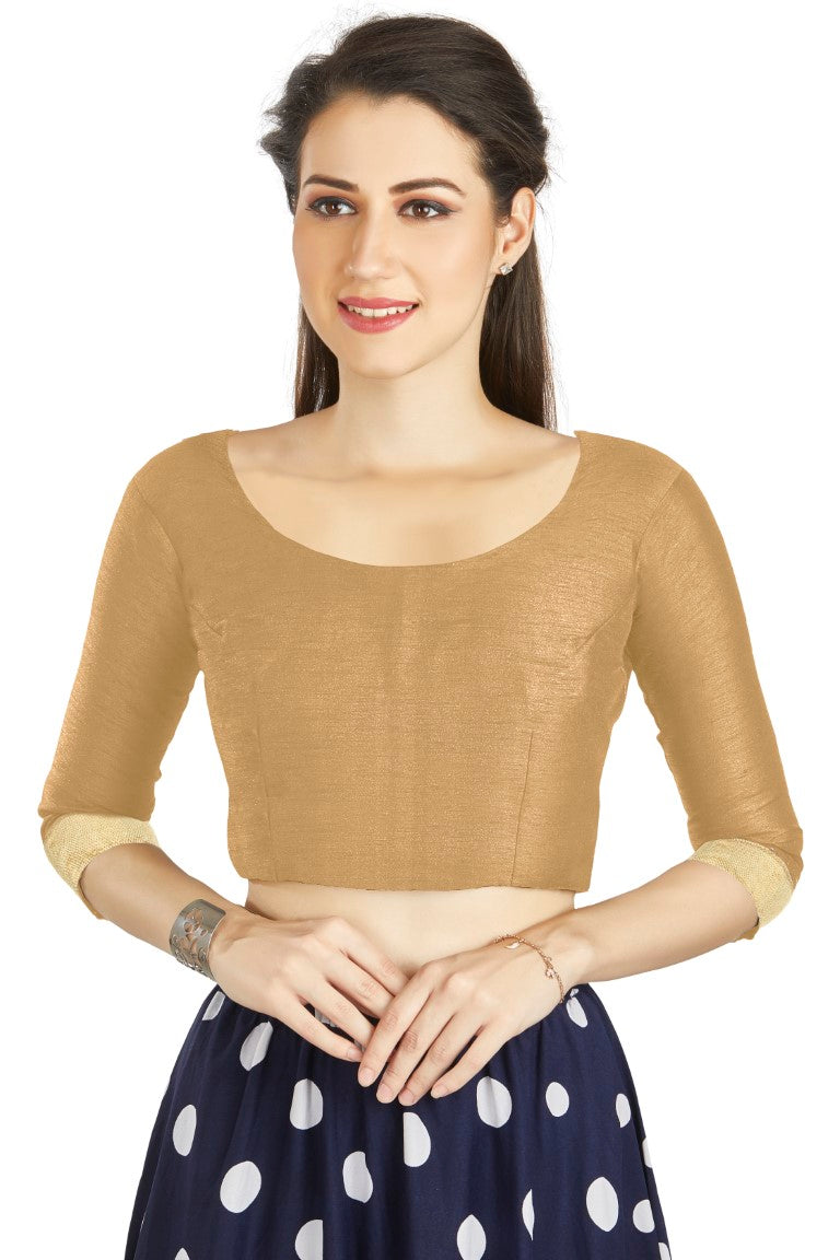 Aastha Fashion Beige Art silk U Neck Matty Work In Sleeve Readymade Blouse | Grocsy
