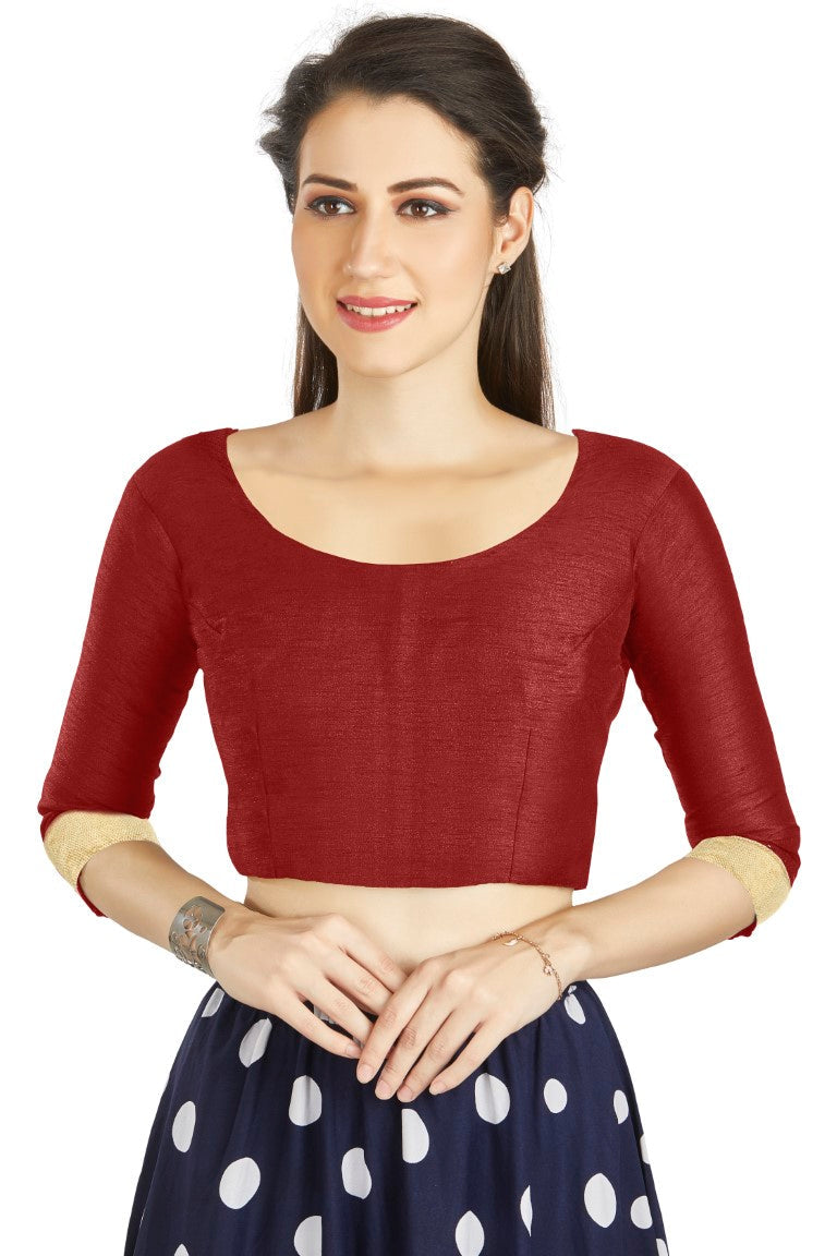 Aastha Fashion Maroon Art silk U Neck Matty Work In Sleeve Readymade Blouse | Grocsy