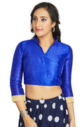 Aastha Fashion Royal Blue Art Silk V Neck Chinese Collar Matty In Sleeve Readymade Blouse | Grocsy