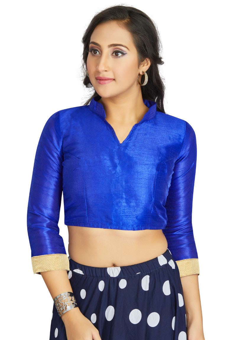 Aastha Fashion Royal Blue Art Silk V Neck Chinese Collar Matty In Sleeve Readymade Blouse | Grocsy