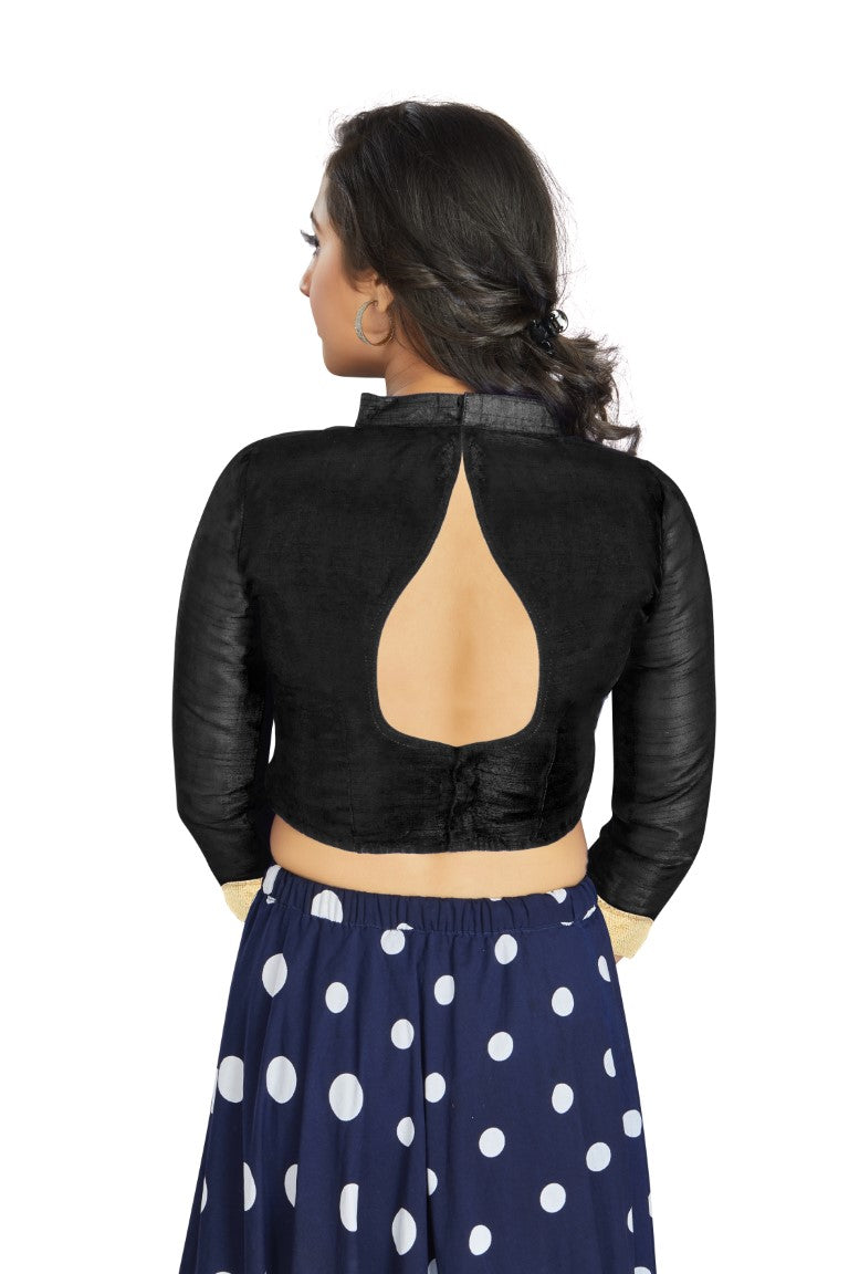 Aastha Fashion Black Art Silk V Neck Chinese Collar Matty In Sleeve Readymade Blouse | Grocsy