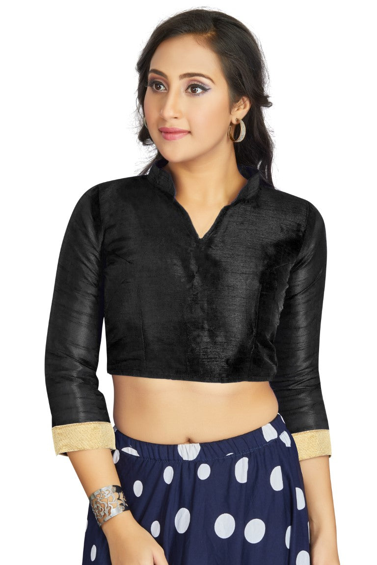 Aastha Fashion Black Art Silk V Neck Chinese Collar Matty In Sleeve Readymade Blouse | Grocsy