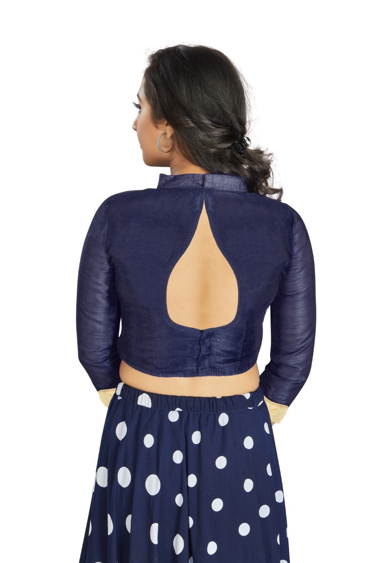 Aastha Fashion Navy Blue Art Silk V Neck Chinese Collar Matty In Sleeve Readymade Blouse | Grocsy