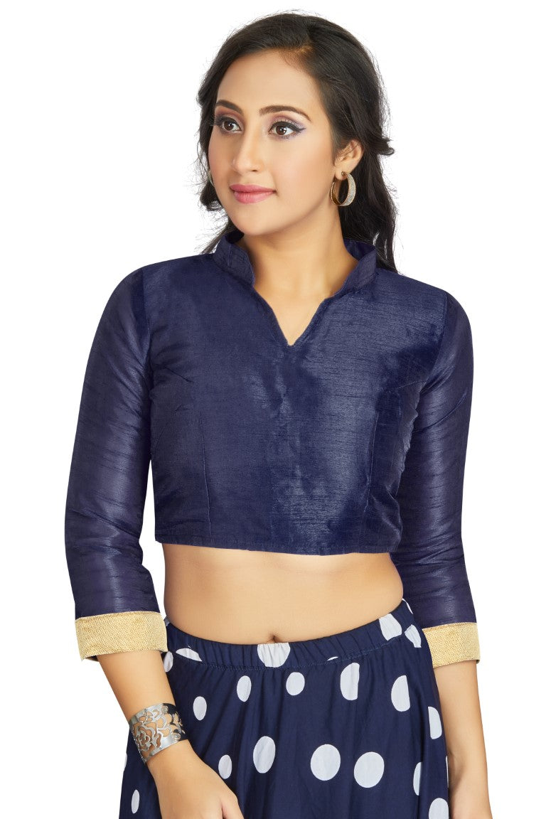 Aastha Fashion Navy Blue Art Silk V Neck Chinese Collar Matty In Sleeve Readymade Blouse | Grocsy