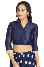 Aastha Fashion Navy Blue Art Silk V Neck Chinese Collar Matty In Sleeve Readymade Blouse | Grocsy