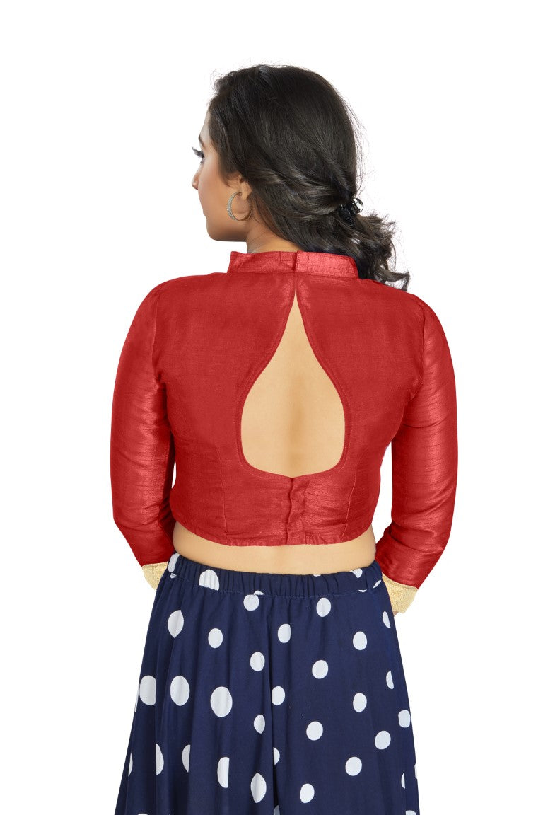 Aastha Fashion Red Art Silk V Neck Chinese Collar Matty In Sleeve Readymade Blouse | Grocsy