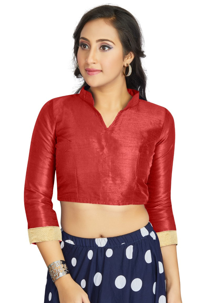 Aastha Fashion Red Art Silk V Neck Chinese Collar Matty In Sleeve Readymade Blouse | Grocsy