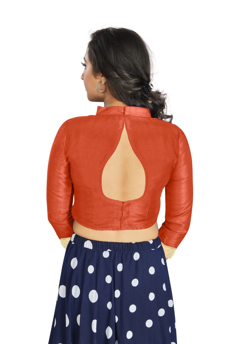 Aastha Fashion Orange Art Silk V Neck Chinese Collar Matty In Sleeve Readymade Blouse | Grocsy