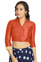 Aastha Fashion Orange Art Silk V Neck Chinese Collar Matty In Sleeve Readymade Blouse | Grocsy