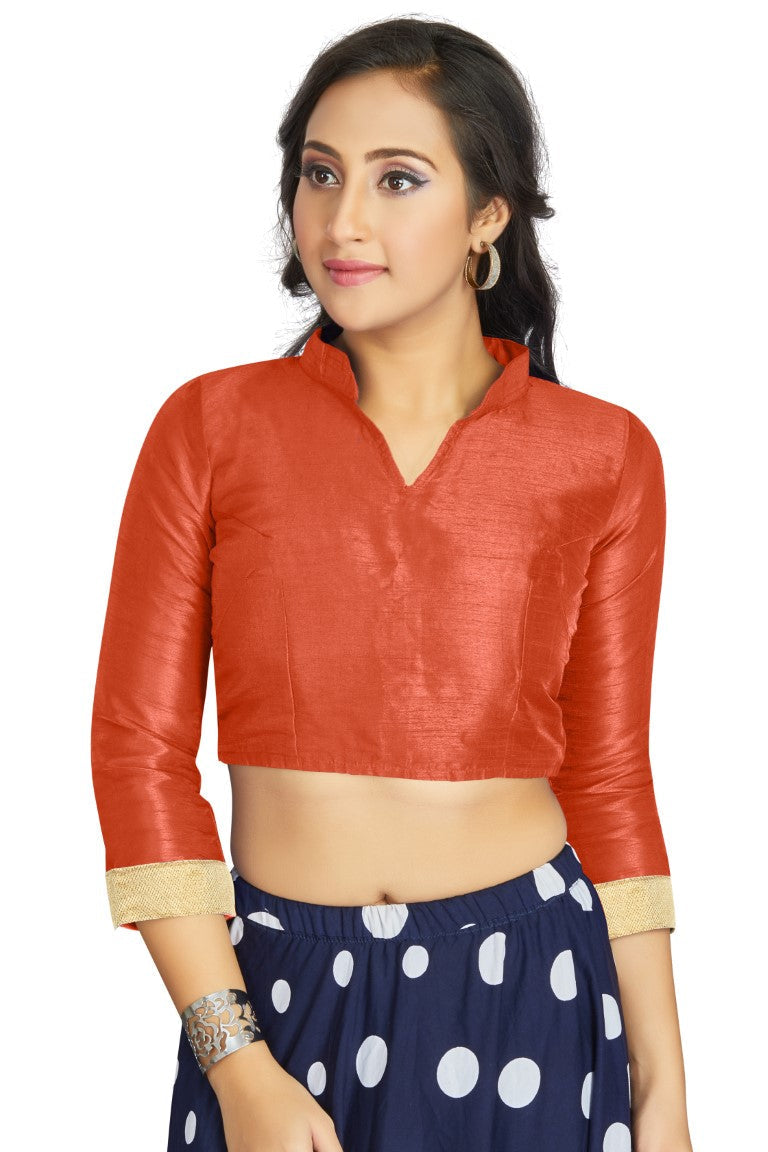 Aastha Fashion Orange Art Silk V Neck Chinese Collar Matty In Sleeve Readymade Blouse | Grocsy