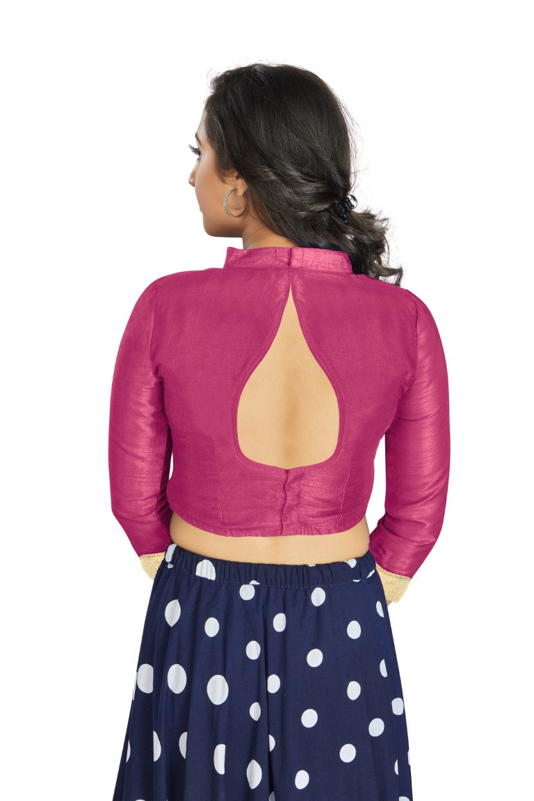 Aastha Fashion Pink Art Silk V Neck Chinese Collar Matty In Sleeve Readymade Blouse | Grocsy