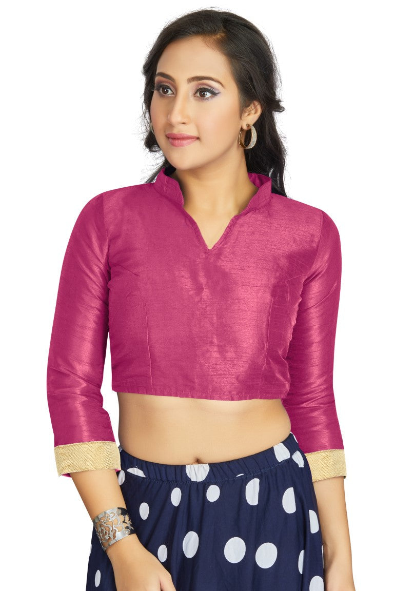 Aastha Fashion Pink Art Silk V Neck Chinese Collar Matty In Sleeve Readymade Blouse | Grocsy