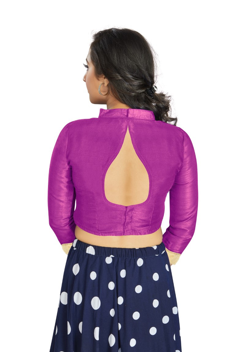 Aastha Fashion Purple Art Silk V Neck Chinese Collar Matty In Sleeve Readymade Blouse | Grocsy