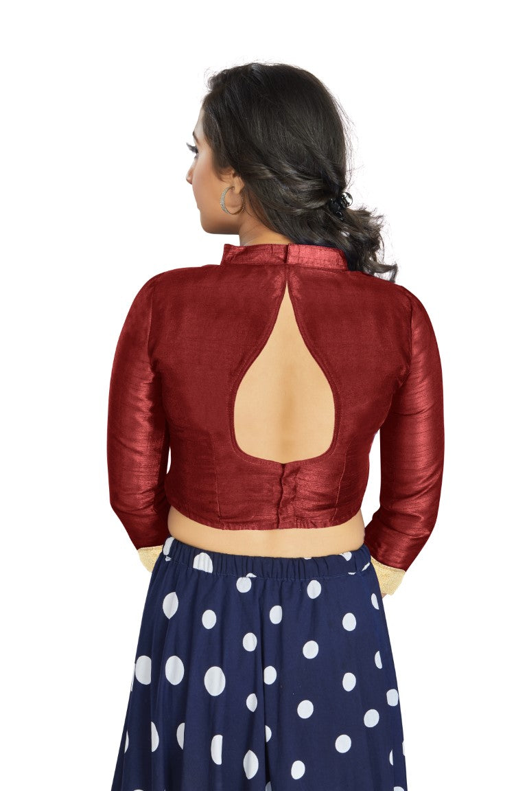 Aastha Fashion Maroon Art Silk V Neck Chinese Collar Matty In Sleeve Readymade Blouse | Grocsy