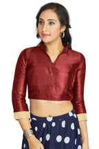 Aastha Fashion Maroon Art Silk V Neck Chinese Collar Matty In Sleeve Readymade Blouse | Grocsy