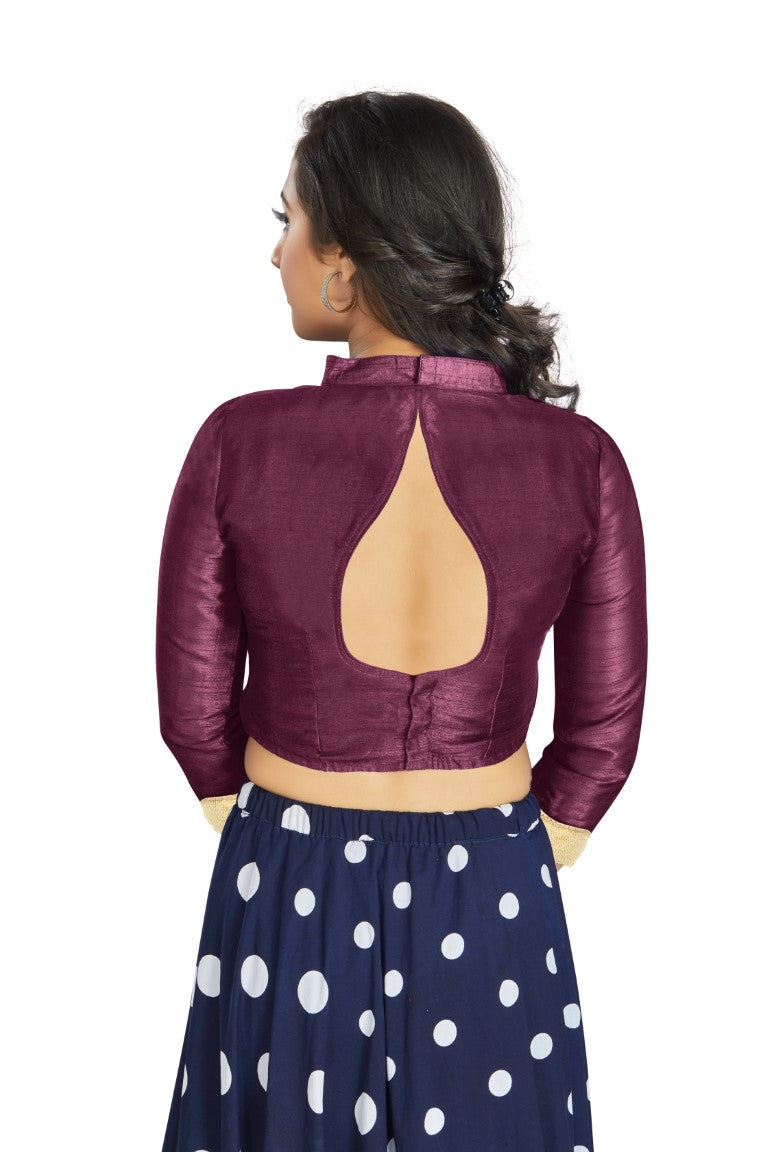 Aastha Fashion Dark Purple Art Silk V Neck Chinese Collar Matty In Sleeve Readymade Blouse | Grocsy