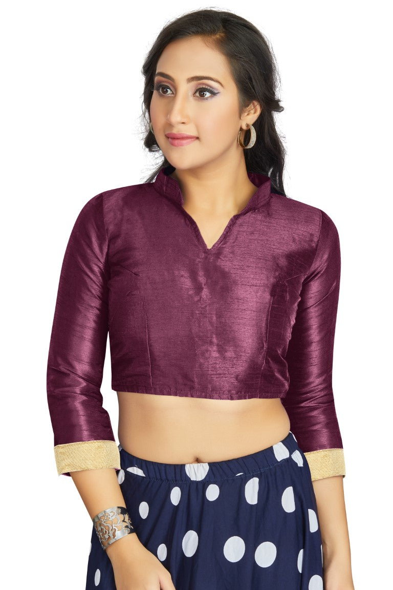 Aastha Fashion Dark Purple Art Silk V Neck Chinese Collar Matty In Sleeve Readymade Blouse | Grocsy