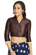 Aastha Fashion Brown Art Silk V Neck Chinese Collar Matty In Sleeve Readymade Blouse | Grocsy
