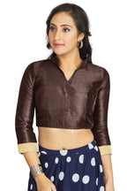 Aastha Fashion Brown Art Silk V Neck Chinese Collar Matty In Sleeve Readymade Blouse | Grocsy