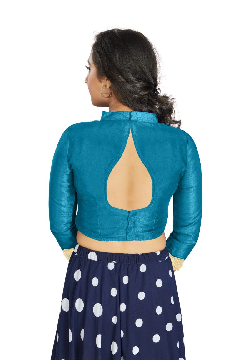 Aastha Fashion Sky Blue Art Silk V Neck Chinese Collar Matty In Sleeve Readymade Blouse | Grocsy