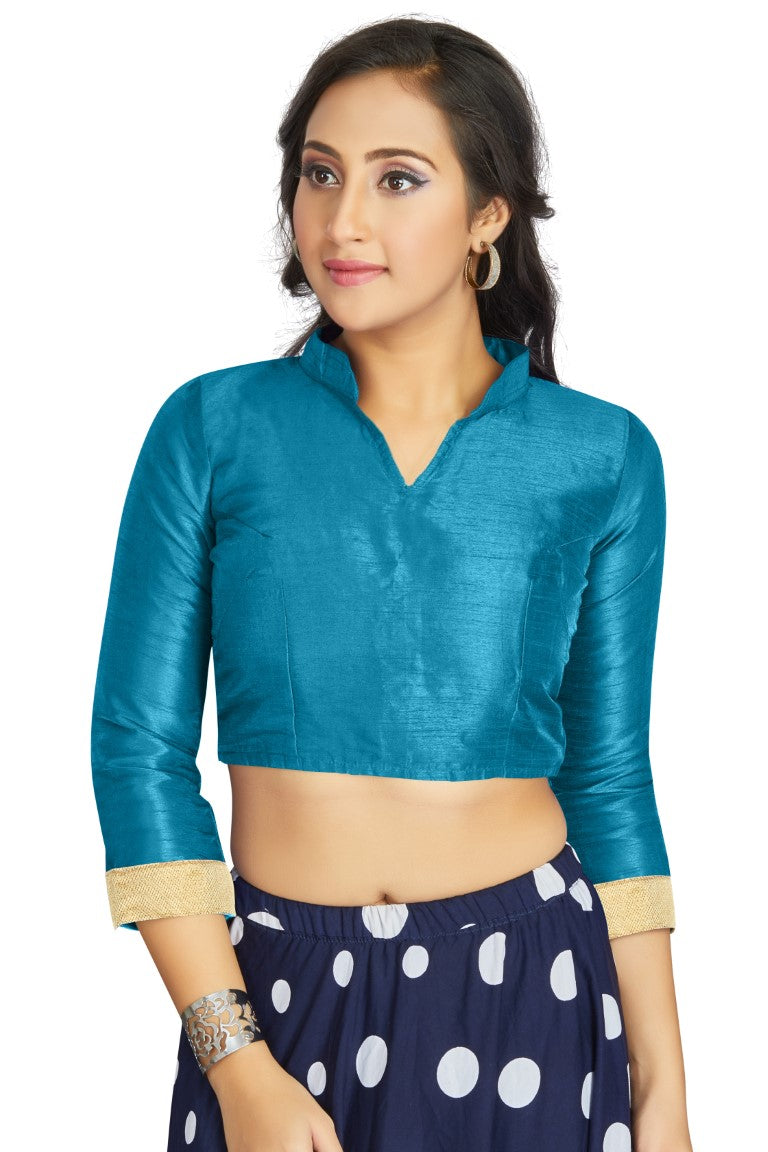 Aastha Fashion Sky Blue Art Silk V Neck Chinese Collar Matty In Sleeve Readymade Blouse | Grocsy