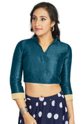 Aastha Fashion Dark Sky Art Silk V Neck Chinese Collar Matty In Sleeve Readymade Blouse | Grocsy